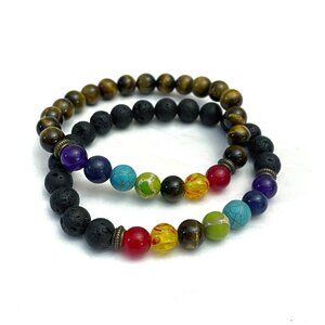 New Hamoery Set of 2 Bracelets Lava Rock, Tiger Eye & Chakra Beads